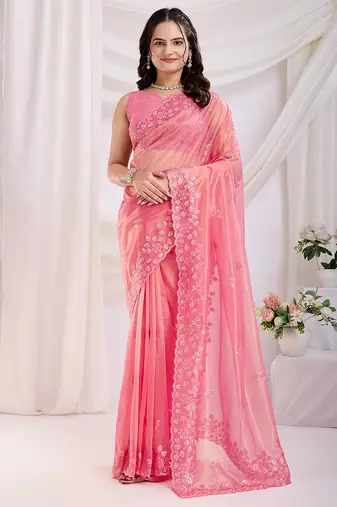 barbie pink sequins embroidered gold twill net indian designer wedding latest designers party saree