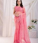 barbie pink sequins embroidered gold twill net indian designer wedding latest designers party saree