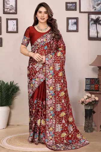 Colorful maroon thread embroidered rangoli silk indian designer best collection wedding saree
