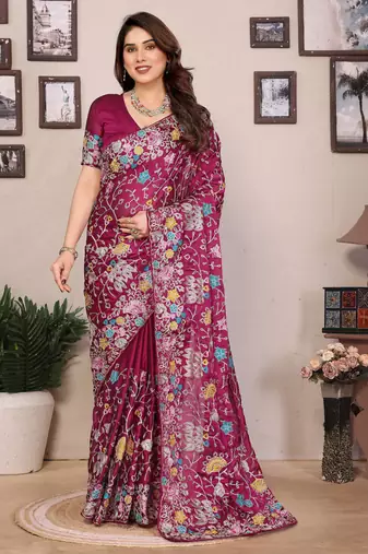 rani pink thread embroidered rangoli silk indian best collection wedding saree