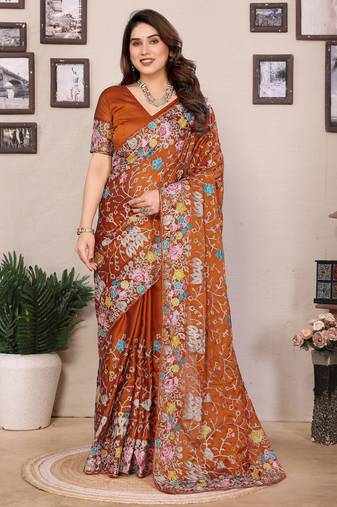orange thread embroidered rangoli silk designer wedding latest designers party saree