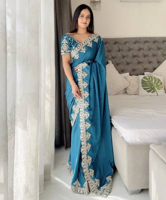 sky blue thread embroidered chinon silk designer best collection wedding saree 1