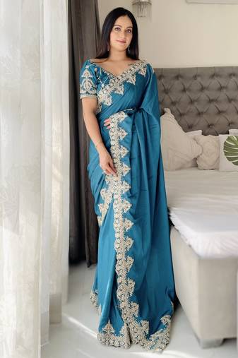 sky blue thread embroidered chinon silk designer best collection wedding saree