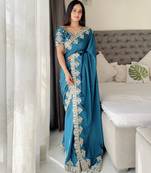 sky blue thread embroidered chinon silk designer best collection wedding saree
