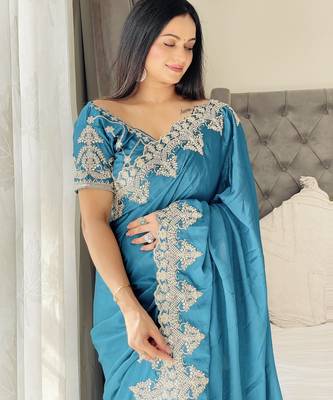 sky blue thread embroidered chinon silk designer best collection wedding saree 2