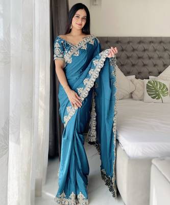 sky blue thread embroidered chinon silk designer best collection wedding saree 3
