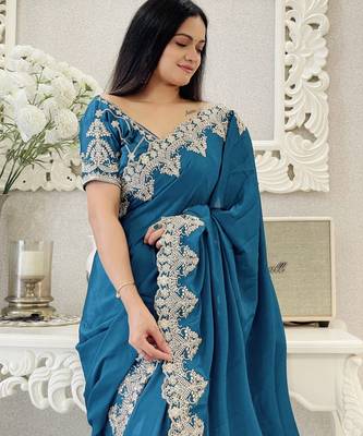 sky blue thread embroidered chinon silk designer best collection wedding saree 4