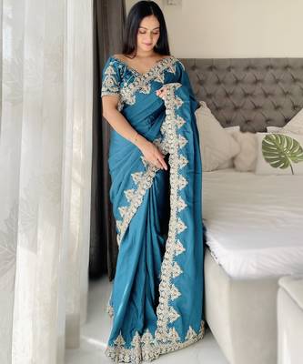 sky blue thread embroidered chinon silk designer best collection wedding saree 5