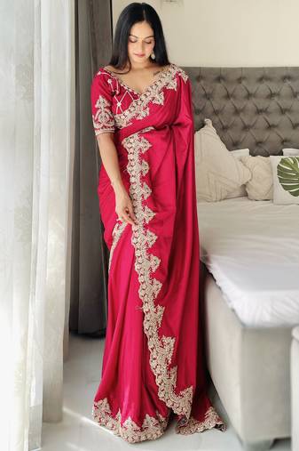 pink thread embroidered chinon silk indian designer saree for weddings