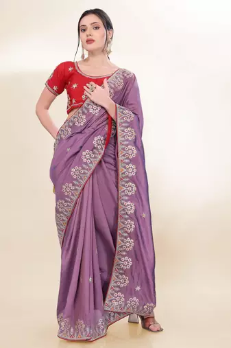 purple sequins embroidered two tone soft silk indian bridal wedding saree collection