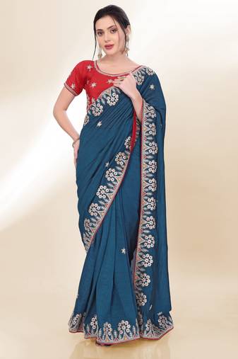 navy blue sequins embroidered two tone soft silk indian designer saree