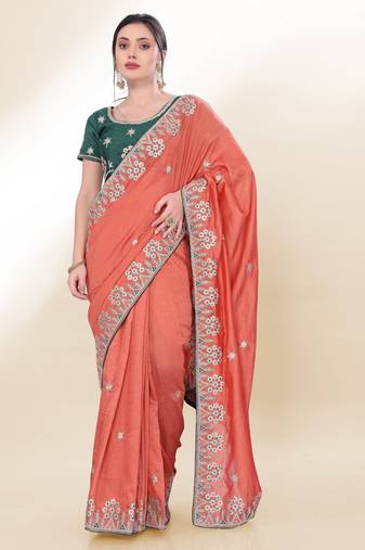 orange sequins embroidered two tone soft silk indian designer wedding latest designers party saree