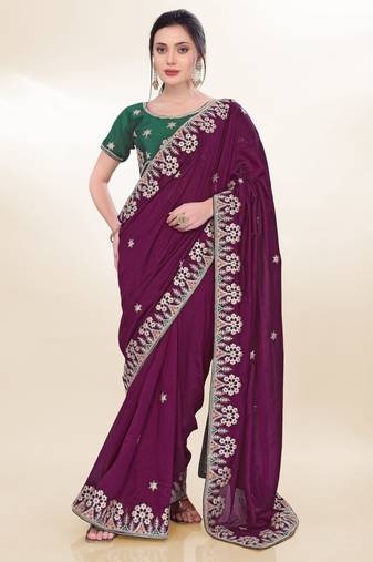 wine sequins embroidered two tone soft silk indian traditional best collection wedding saree