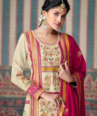 Beige embroidered chinon palazzo style salwar suit 1