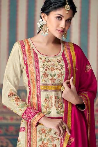 Beige embroidered chinon palazzo style salwar suit