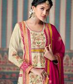 Beige embroidered chinon palazzo style salwar suit