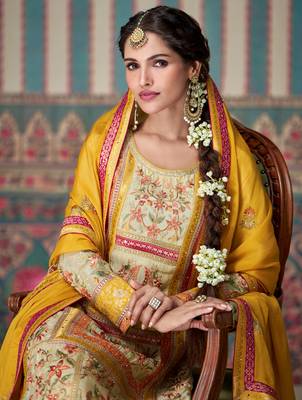 Beige embroidered chinon palazzo style salwar suit 1