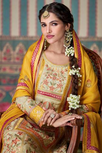 Beige embroidered chinon palazzo style salwar suit