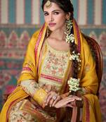 Beige embroidered chinon palazzo style salwar suit