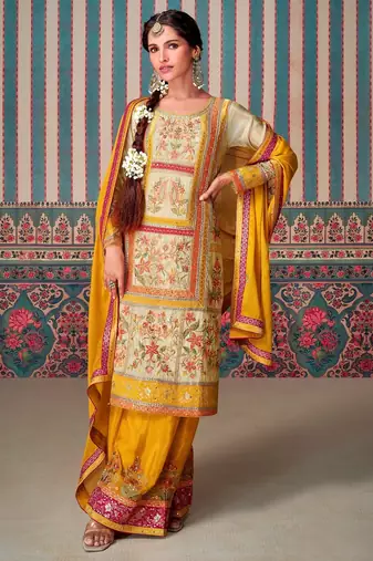 Beige embroidered chinon palazzo style salwar suit