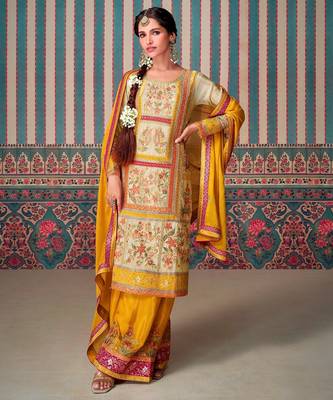 Beige embroidered chinon palazzo style salwar suit 3