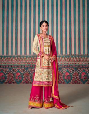 Beige embroidered chinon palazzo style salwar suit 2