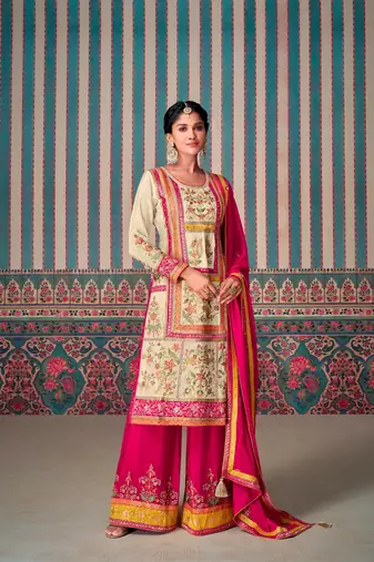 Beige embroidered chinon palazzo style salwar suit