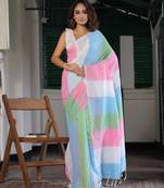  multicolor Abstract Stripe Print Muslin Cotton Saree