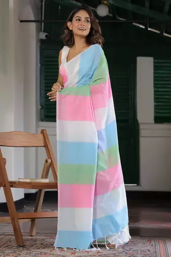  multicolor Abstract Stripe Print Muslin Cotton Saree