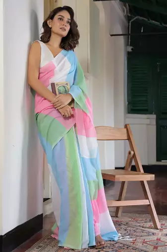  multicolor Abstract Stripe Print Muslin Cotton Saree