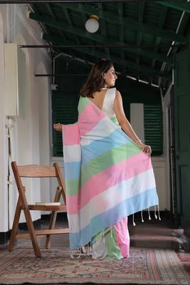  multicolor Abstract Stripe Print Muslin Cotton Saree 5