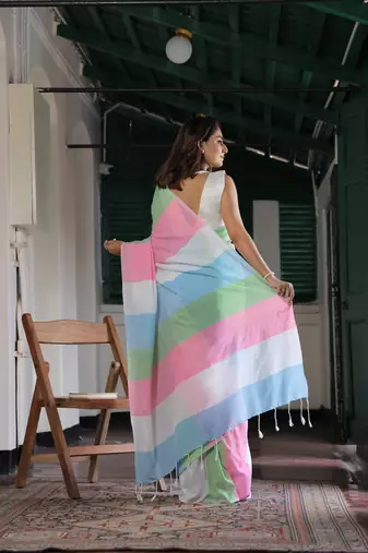  multicolor Abstract Stripe Print Muslin Cotton Saree