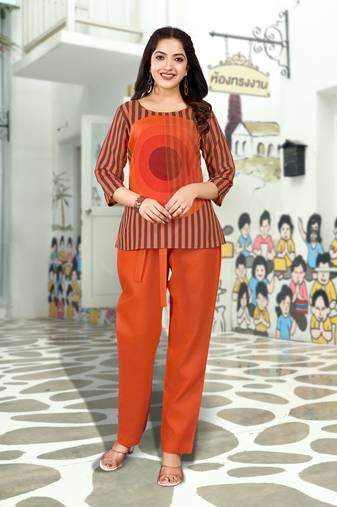 Orange linen silk stripes printed causal co-ord set