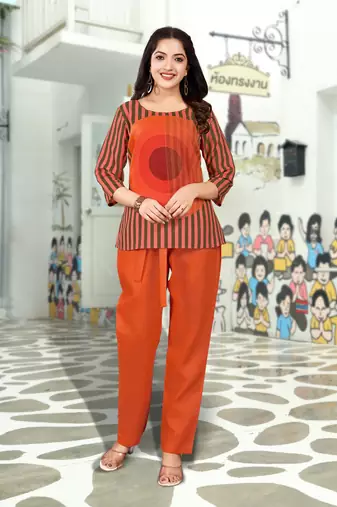 Orange linen silk stripes printed causal co-ord set