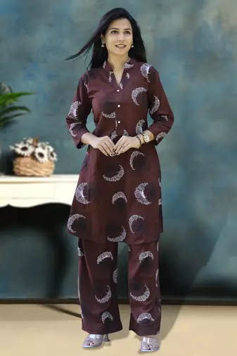 Coffee brown rayon viscose 21 kg floral & leaf printed causal co-ord set