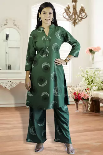 Green rayon viscose 21 kg floral & leaf printed causal co-ord set