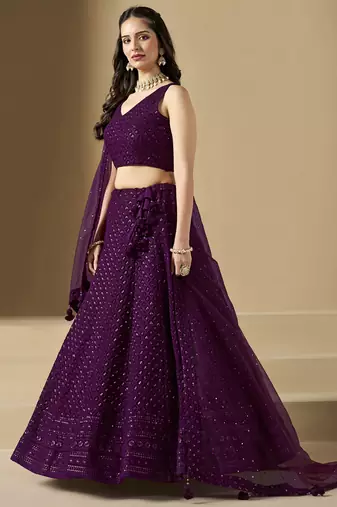 wine thread embroidery georgette lehenga set choli with dupatta