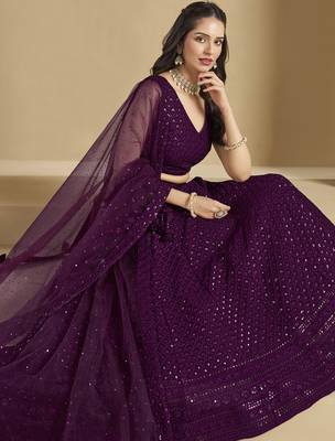 wine thread embroidery georgette lehenga set choli with dupatta 7