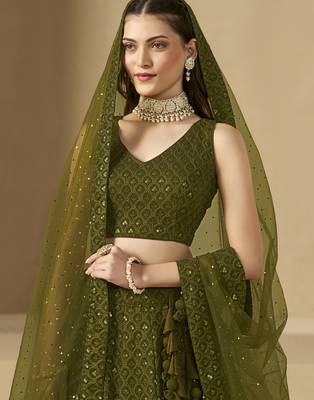 Mehendi Green Sequins Georgette Monochrome Lehenga Choli 7
