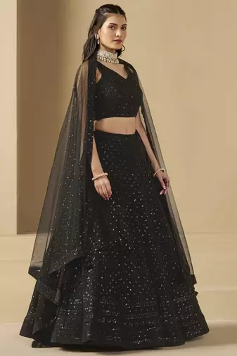 black thread work georgette party lehenga set choli with dupatta