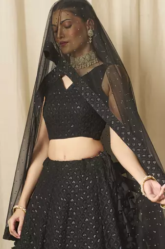 black thread work georgette party lehenga set choli with dupatta