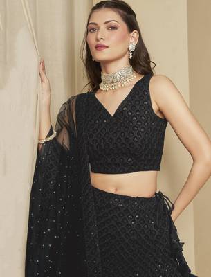 black thread work georgette party lehenga set choli with dupatta 8