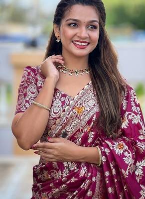 Maroon Viscose Dolla Silk blend Meenakari Weaving Saree 2