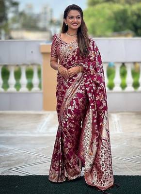 Maroon Viscose Dolla Silk blend Meenakari Weaving Saree 1