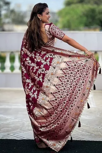 Maroon Viscose Dolla Silk blend Meenakari Weaving Saree
