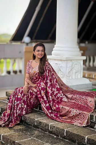Maroon Viscose Dolla Silk blend Meenakari Weaving Saree