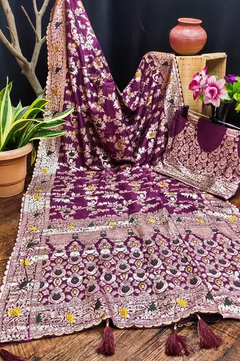 Maroon Viscose Dolla Silk blend Meenakari Weaving Saree