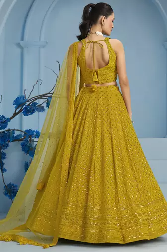 yellow sequins work georgette lehenga set choli with dupatta
