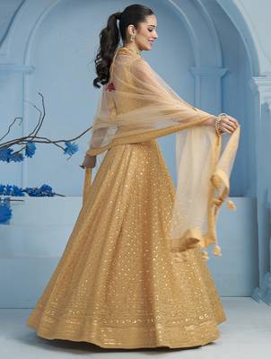 beige thread embroidered georgette lehenga set choli with dupatta 7