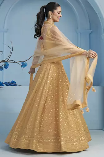 beige thread embroidered georgette lehenga set choli with dupatta